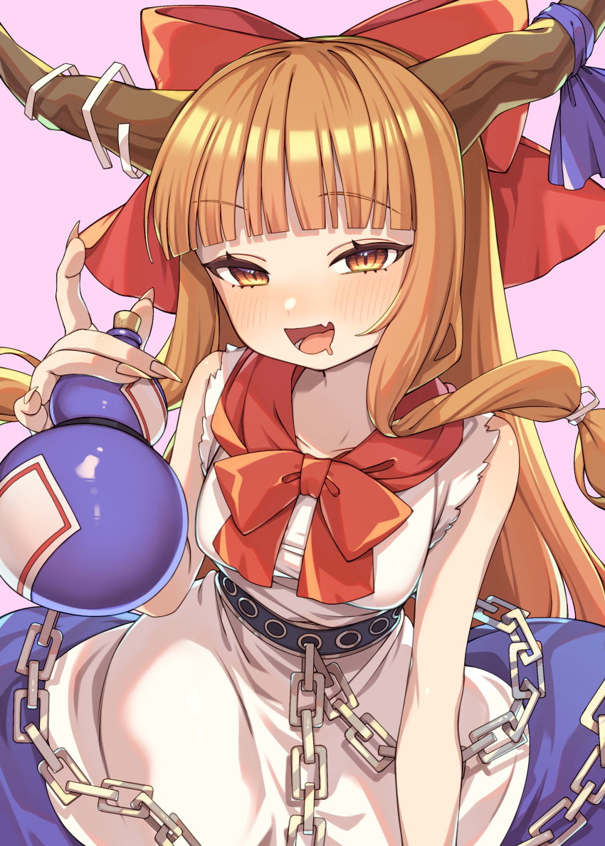 1girl, absurdres, blue_ribbon, blue_skirt, blush, bow, chain, drooling