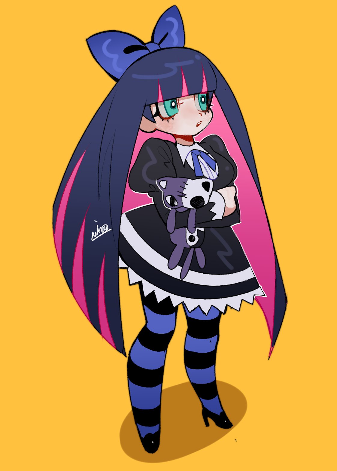 1girl, adri_(octoooo), black_dress, black_thighhighs, blue_ribbon, blue_thighhighs, blunt_bangs, bow