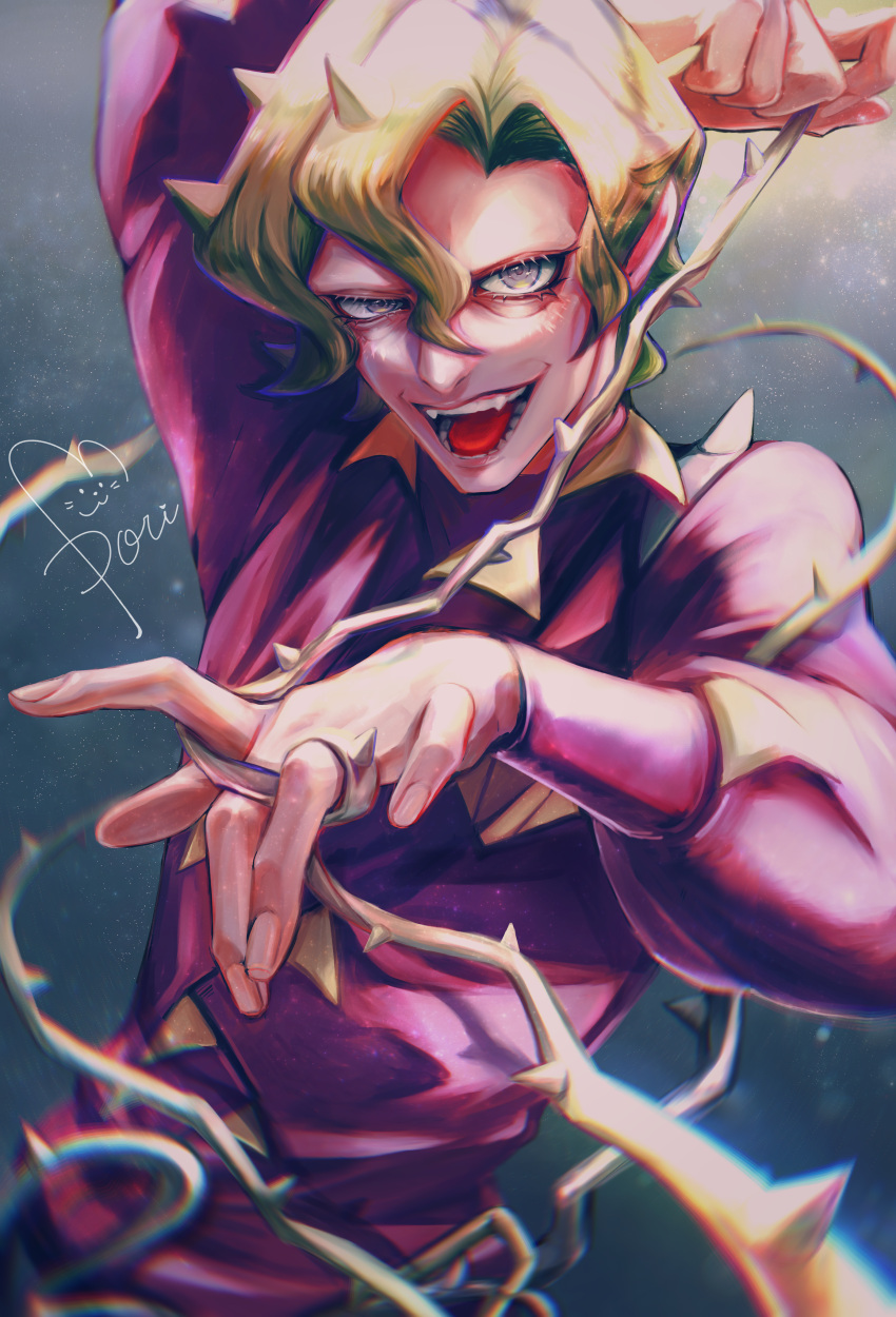 1boy, :d, absurdres, arm_up, blurry, brassius_(pokemon), commentary_request, eyelashes, green_hair, grey_eyes, hair_between_eyes, hand_up, highres, holding, holding_whip, jacket, looking_at_viewer, male_focus, open_mouth, pokemon, pokemon_(game), pokemon_sv, purple_jacket, sanomi_pori, short_hair, signature, smile, solo, teeth, tongue, upper_body