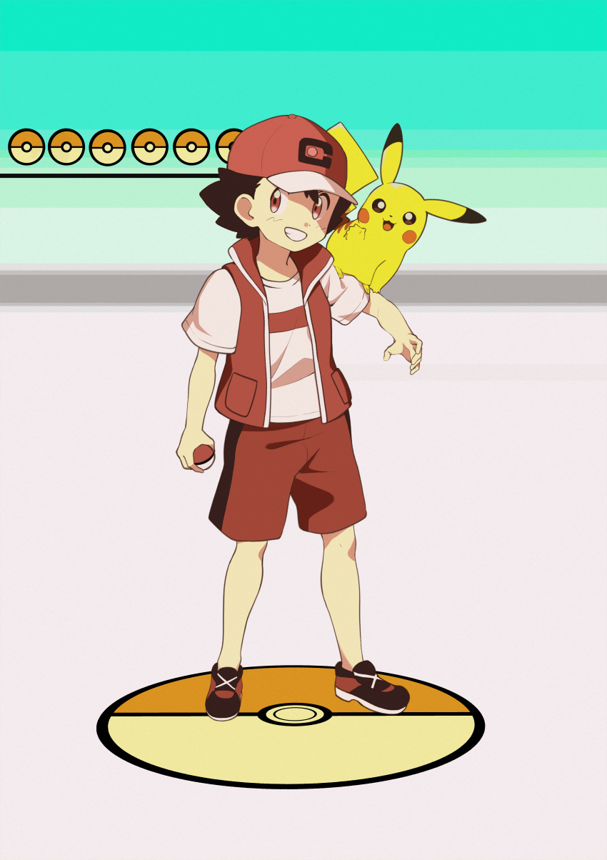1boy, absurdres, alternate_color, ash_ketchum, black_hair, commentary_request, full_body, grin