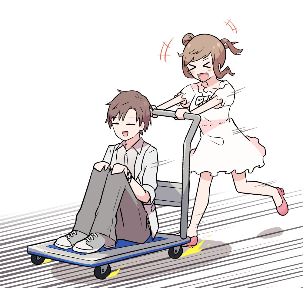 >_<, 1boy, 1girl, akatuki_no_you, brown_hair, cevio, closed_eyes, commentary