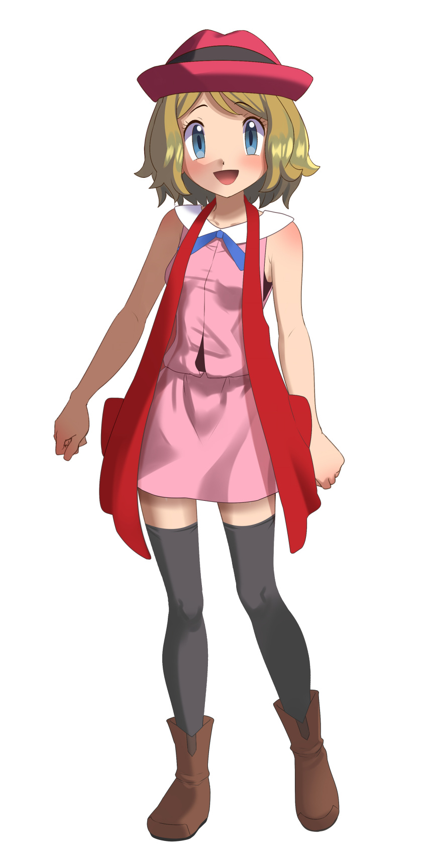 1girl, :d, absurdres, bare_arms, blonde_hair, blue_eyes, blue_ribbon, boots