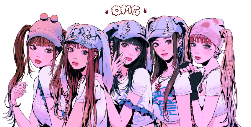 5girls, animal_ear_headwear, animal_ears, animification, baseball_cap, beanie, black_hair, blue_bow, blue_headwear, blunt_bangs, bow, bow_earrings, breasts, brown_hair, cropped_shirt, danielle_(newjeans), earrings, everyone, expressionless, fake_animal_ears, fingerless_gloves, floppy_ears, flower_earrings, gloves, haerin_(newjeans), hair_behind_ear, hand_on_another's_shoulder, hands_on_another's_shoulder, hanni_(newjeans), hat, head_tilt, highres, hyein_(newjeans), jewelry, k-pop, lop_rabbit_ears, medium_breasts, multiple_girls, musical_note, nail_polish, necklace, newjeans, omg_(newjeans), parted_lips, pink_headwear, print_shirt, rabbit_ears, real_life, shirt, song_name, twintails, white_nails, white_shirt, woga_(ogkntk)