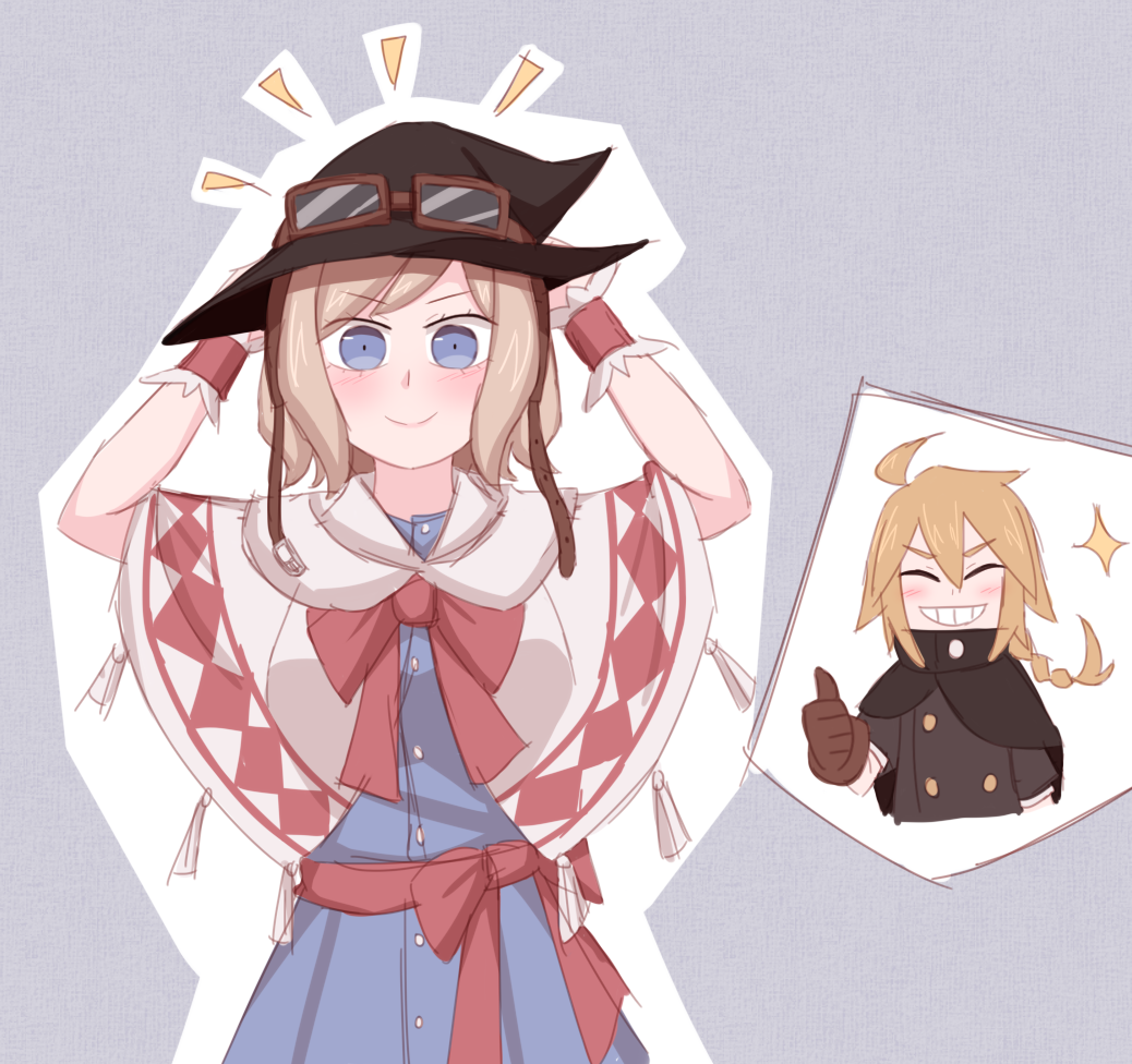1boy, 1girl, adapted_costume, alice_margatroid, genderswap, genderswap_(ftm), goggles, goggles_on_headwear