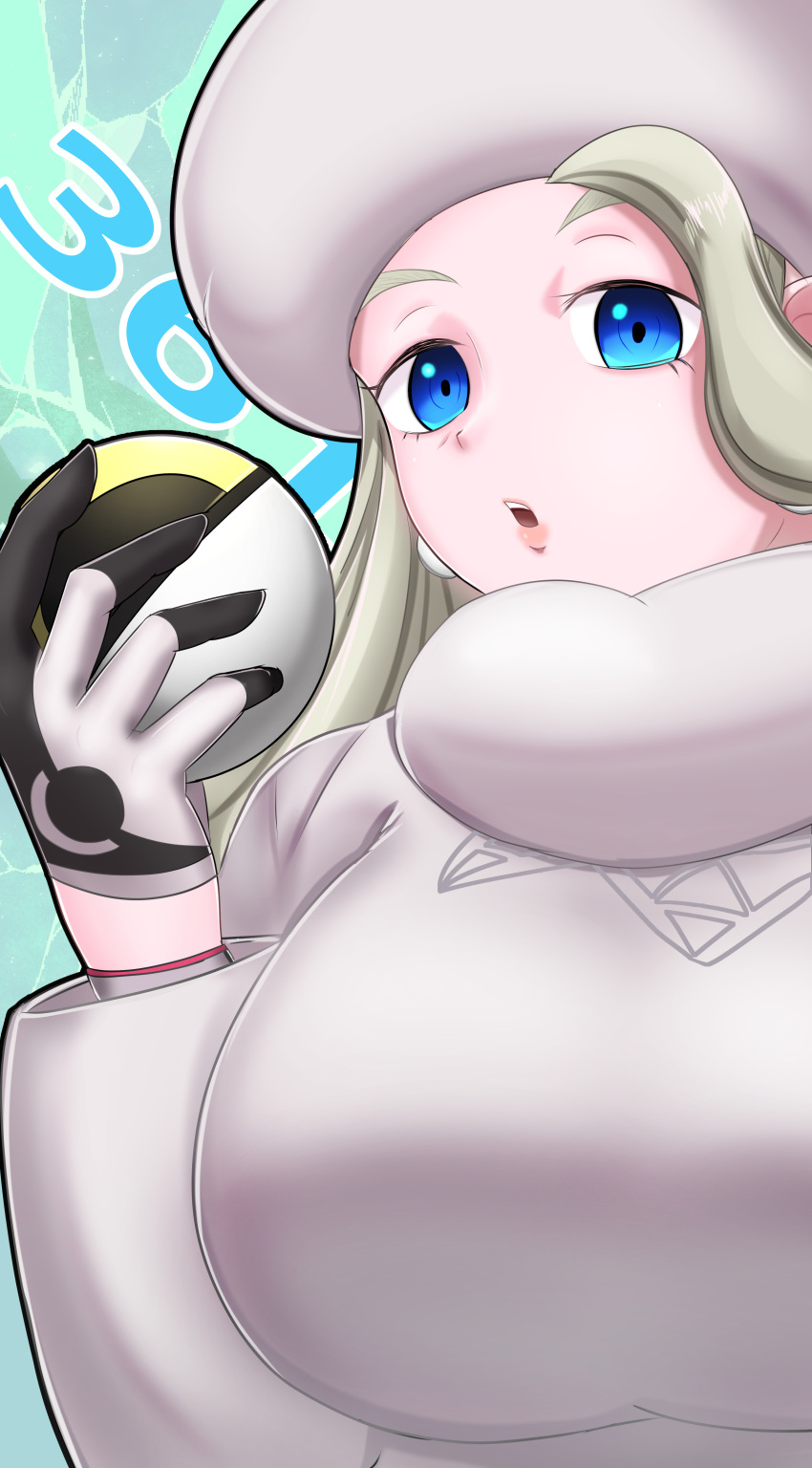 1girl, absurdres, blonde_hair, blue_eyes, breasts, earrings, fur_collar, fur_hat, fur_trim, guchagucha, hat, highres, holding, holding_poke_ball, jewelry, large_breasts, lips, long_hair, long_sleeves, mature_female, melony_(pokemon), multicolored_hair, poke_ball, pokemon, pokemon_(game), pokemon_swsh, scarf, solo, streaked_hair, sweater, teeth, ultra_ball, upper_teeth_only, ushanka, white_scarf, white_sweater