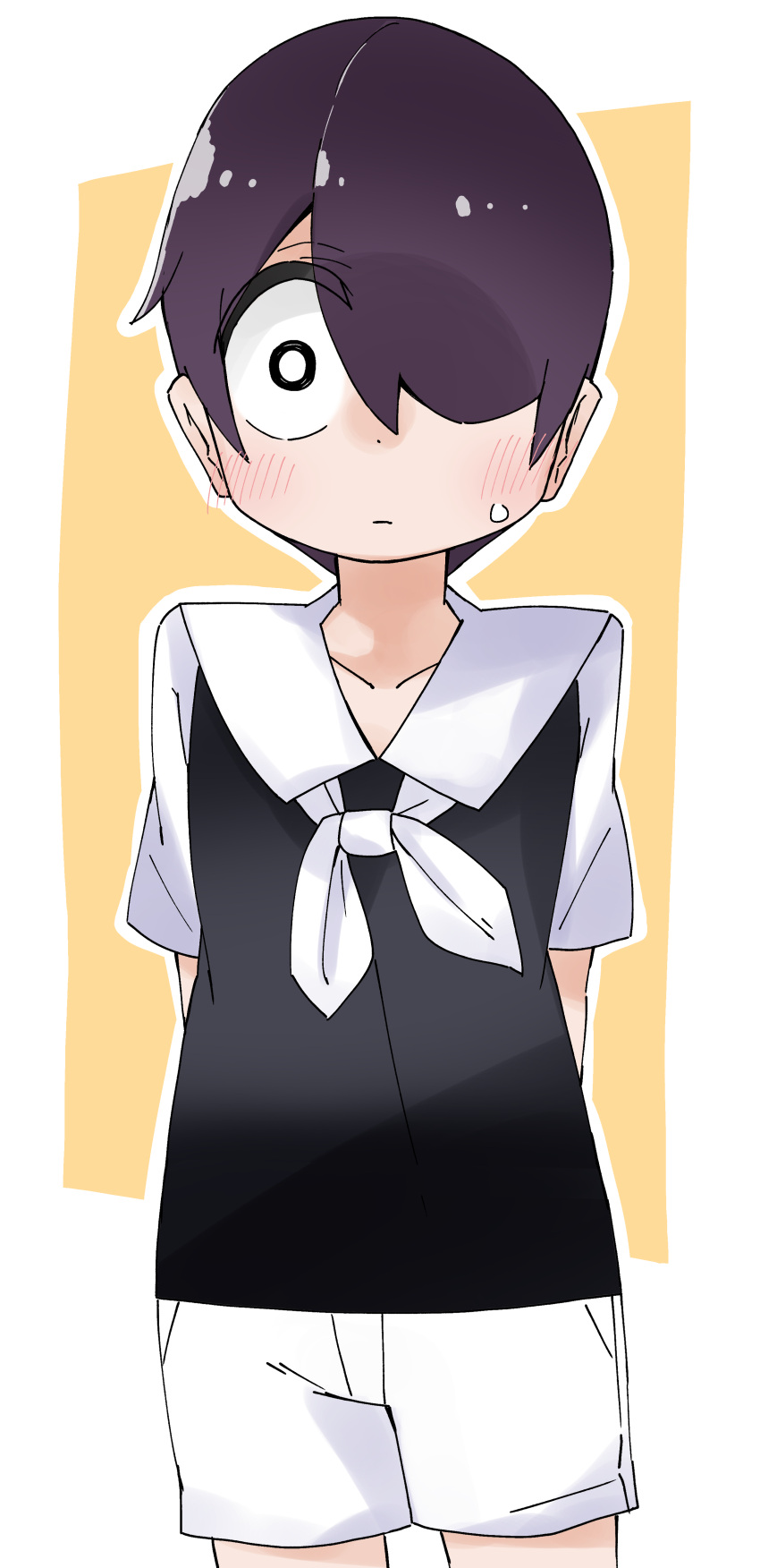 1boy, absurdres, arms_behind_back, black_shirt, blush, closed_mouth, genderswap, genderswap_(ftm)
