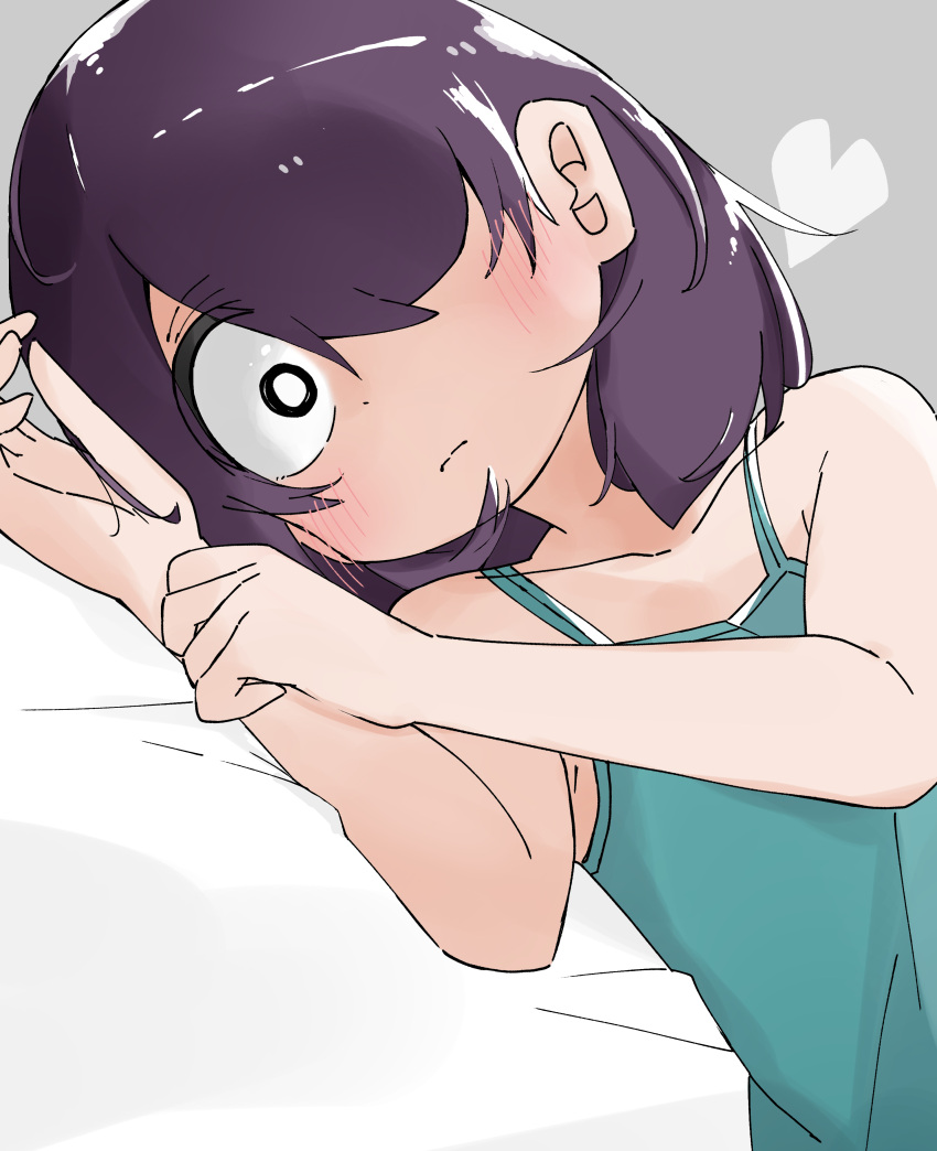 1girl, absurdres, black_hair, blush, closed_mouth, green_tank_top, heart, highres