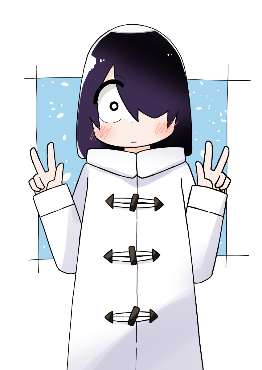 1girl, absurdres, black_hair, blush, closed_mouth, coat, double_v, highres