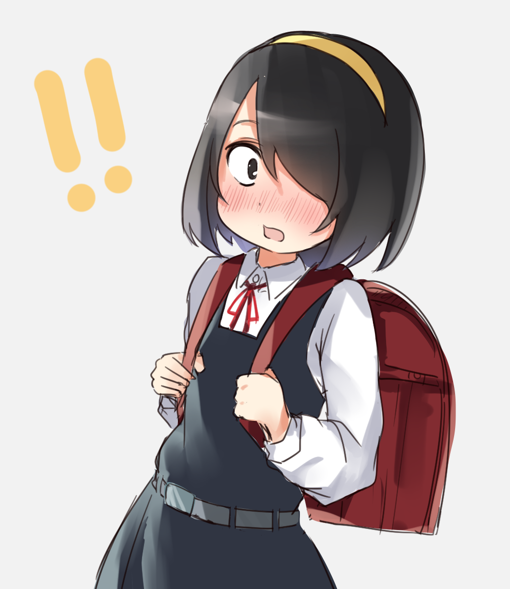 !, !!, 1girl, backpack, bag, belt, black_dress, black_eyes, black_hair, blush, collared_shirt, dress, hairband, jijou_wo_shiranai_tenkousei_ga_guigui_kuru., long_bangs, long_sleeves, medium_hair, nishimura_akane, one_eye_covered, open_mouth, p-hone, red_ribbon, ribbon, school_uniform, shirt, simple_background, solo, white_background, white_shirt, yellow_hairband