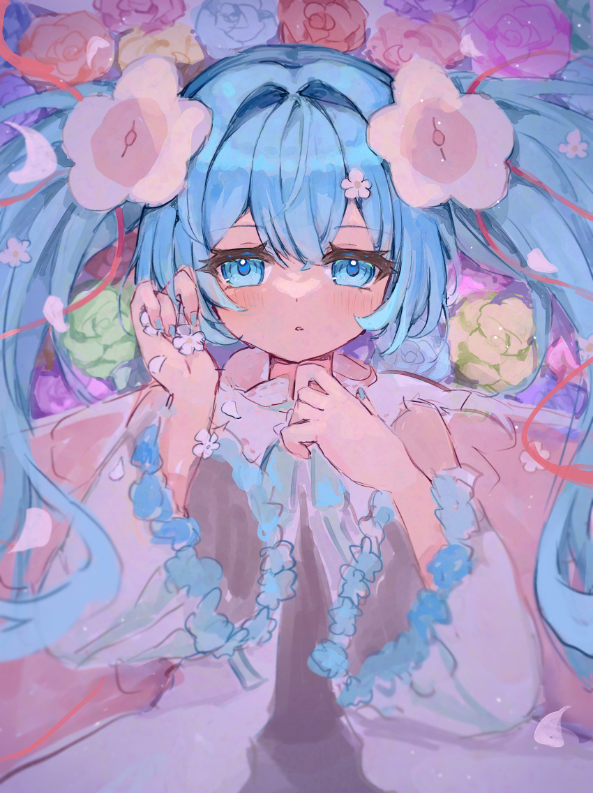 1girl, absurdres, blue_eyes, blue_hair, blue_nails, detached_sleeves, flower, hatsune_miku