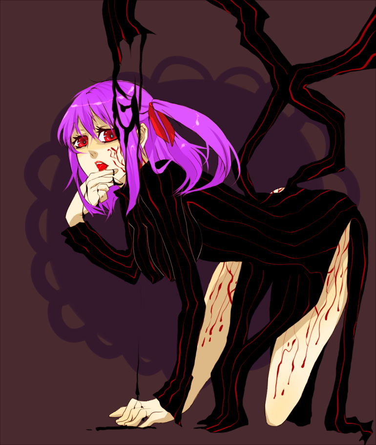 dark_sakura, fate/stay_night, fate_(series), matou_sakura, pinstripe_pattern, purple_hair, red_eyes, striped