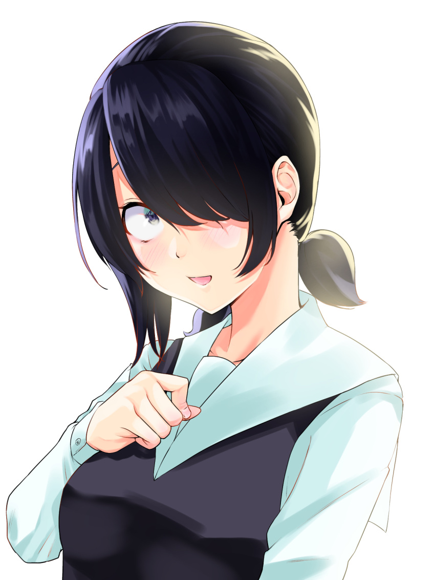 1girl, 46take_e, aged_up, black_dress, black_eyes, dress, hand_up, highres