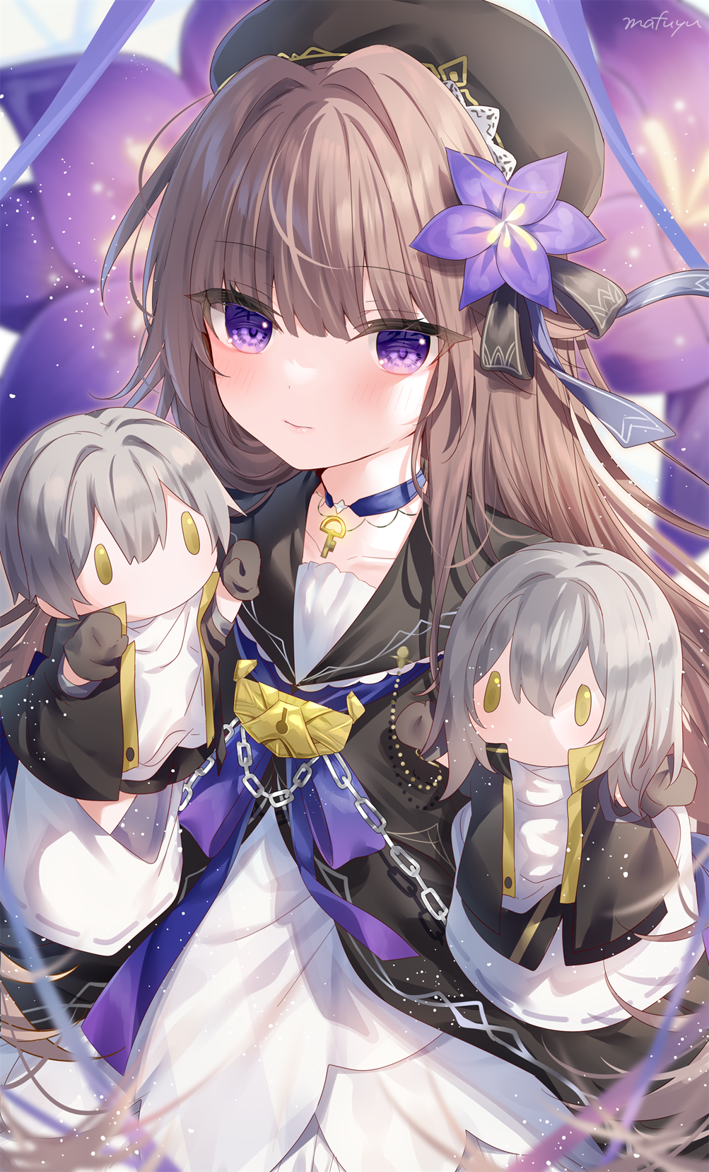 1girl, beret, black_dress, black_headwear, blurry, blurry_background, brown_hair, character_doll, closed_mouth, collarbone, commentary_request, depth_of_field, dress, female_trailblazer_(honkai:_star_rail), flower, hair_between_eyes, hair_flower, hair_ornament, hand_puppet, hat, herta_(honkai:_star_rail), highres, honkai:_star_rail, honkai_(series), long_hair, long_sleeves, looking_at_viewer, mafuyu_(chibi21), male_trailblazer_(honkai:_star_rail), puppet, purple_flower, signature, solo, trailblazer_(honkai:_star_rail), very_long_hair, violet_eyes, white_dress