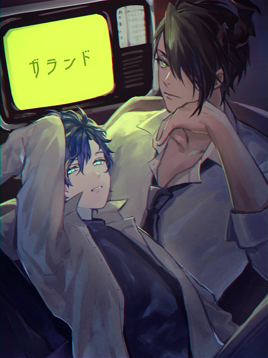 2boys, aqua_eyes, aragami_oga, arm_up, astel_leda, black_hair, black_necktie, black_pants