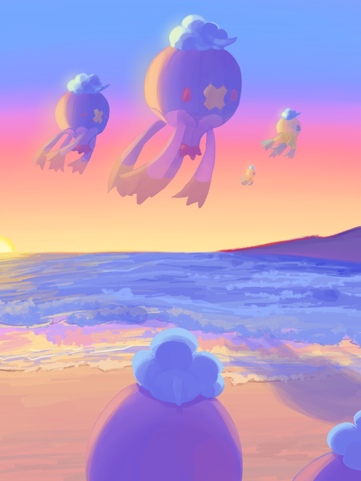 alternate_color, commentary_request, drifblim, floating, highres, mokukitusui, no_humans, outdoors