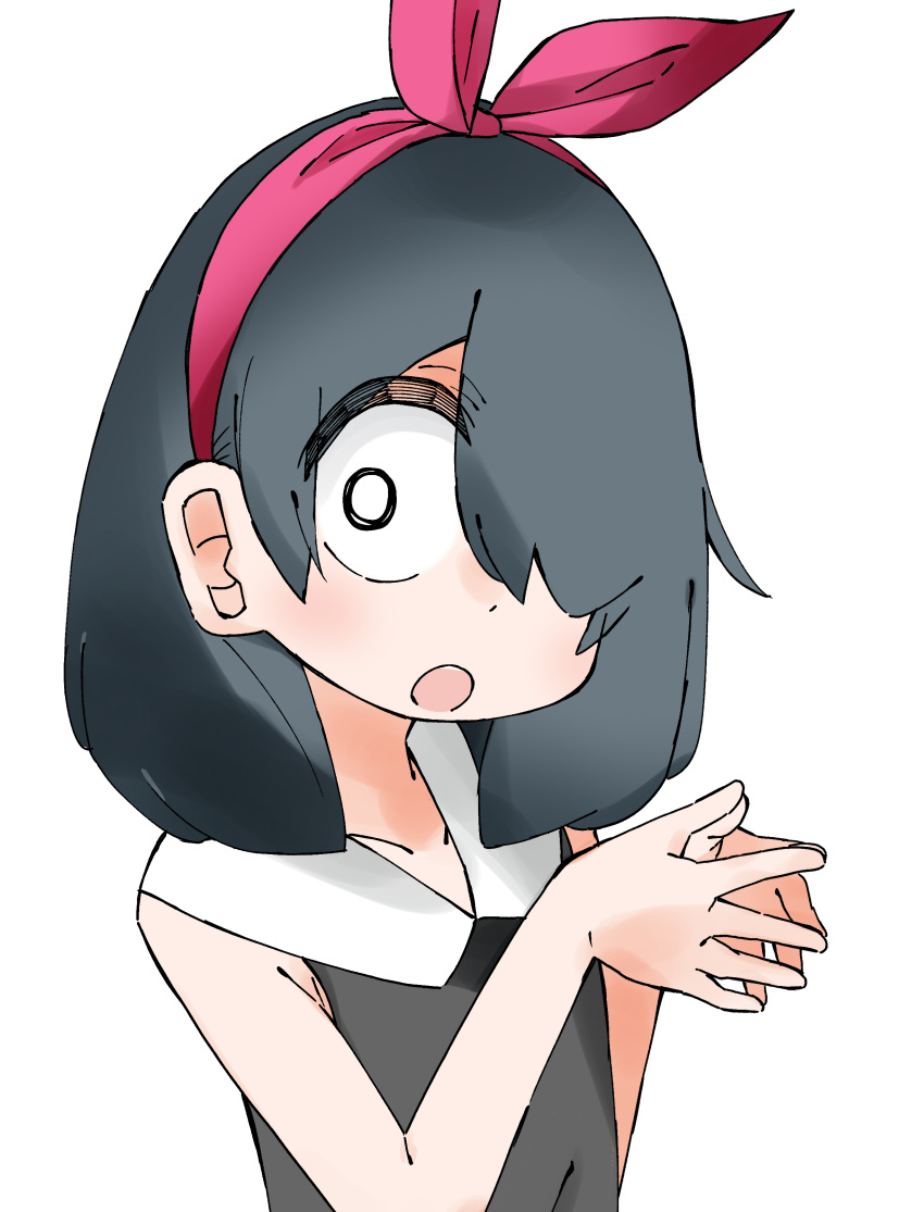 1girl, :o, absurdres, black_hair, black_shirt, hands_up, highres, jijou_wo_shiranai_tenkousei_ga_guigui_kuru.