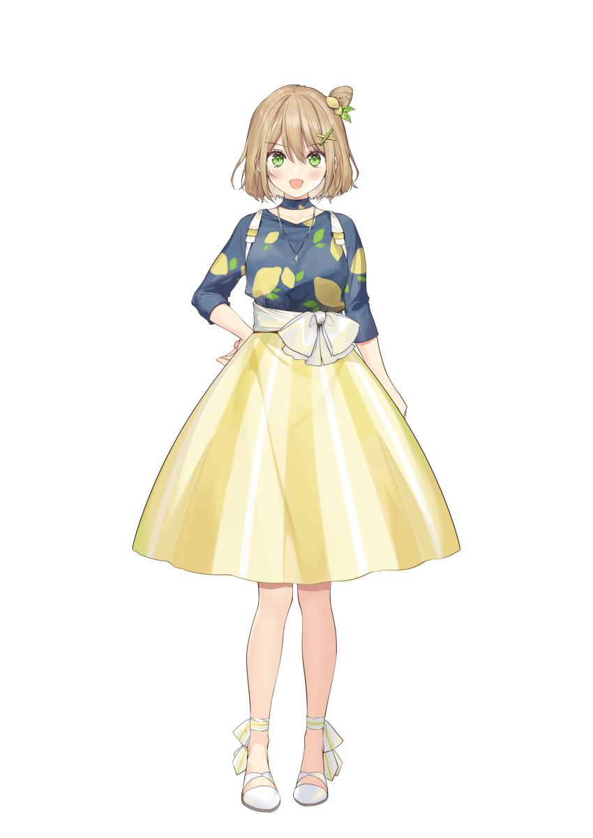 1girl, absurdres, blonde_hair, blue_choker, blue_shirt, choker, food-themed_hair_ornament, full_body