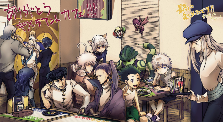 1other, 2girls, 6+boys, alternate_universe, animal_ears, arthropod_boy, blush, board_game