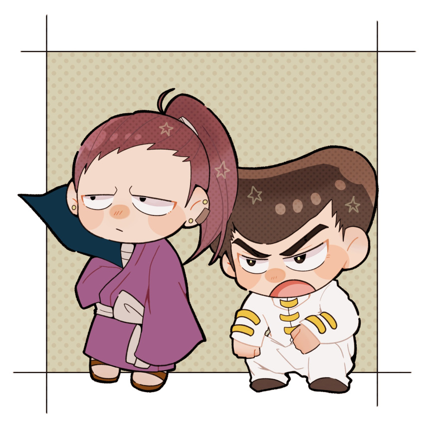 2boys, black_hair, blush_stickers, chibi, frown, full_body, gakuran, hand_under_clothes