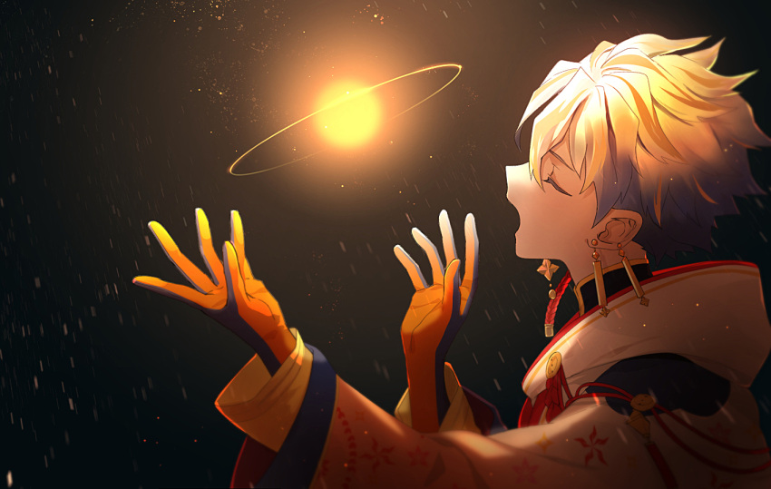 1boy, astel_leda, black_background, blonde_hair, blue_gloves, blue_hair, closed_eyes, earrings