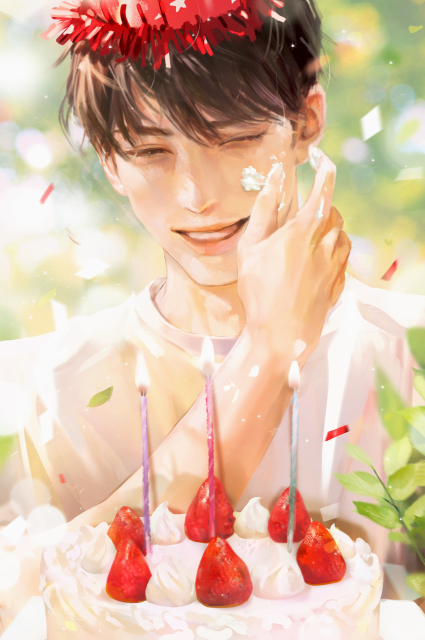 1boy, birthday, birthday_cake, blurry, bokeh, brown_hair, cake, candle, depth_of_field, food, hands_on_own_face, highres, icing, jeong_taeui, male_focus, passion_(manhwa), ryeomiii, smile, solo, strawberry_cake