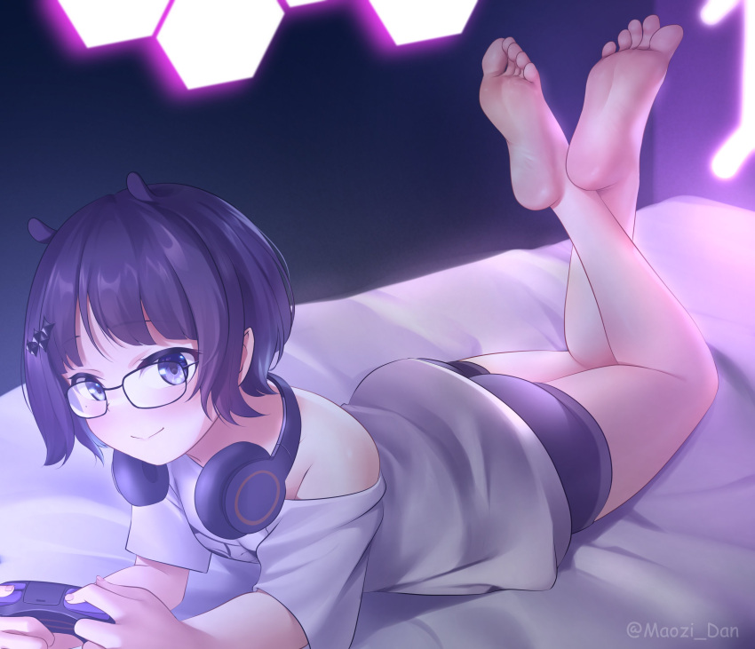 1girl, absurdres, barefoot, blue_eyes, blush, controller, feet, feet_up
