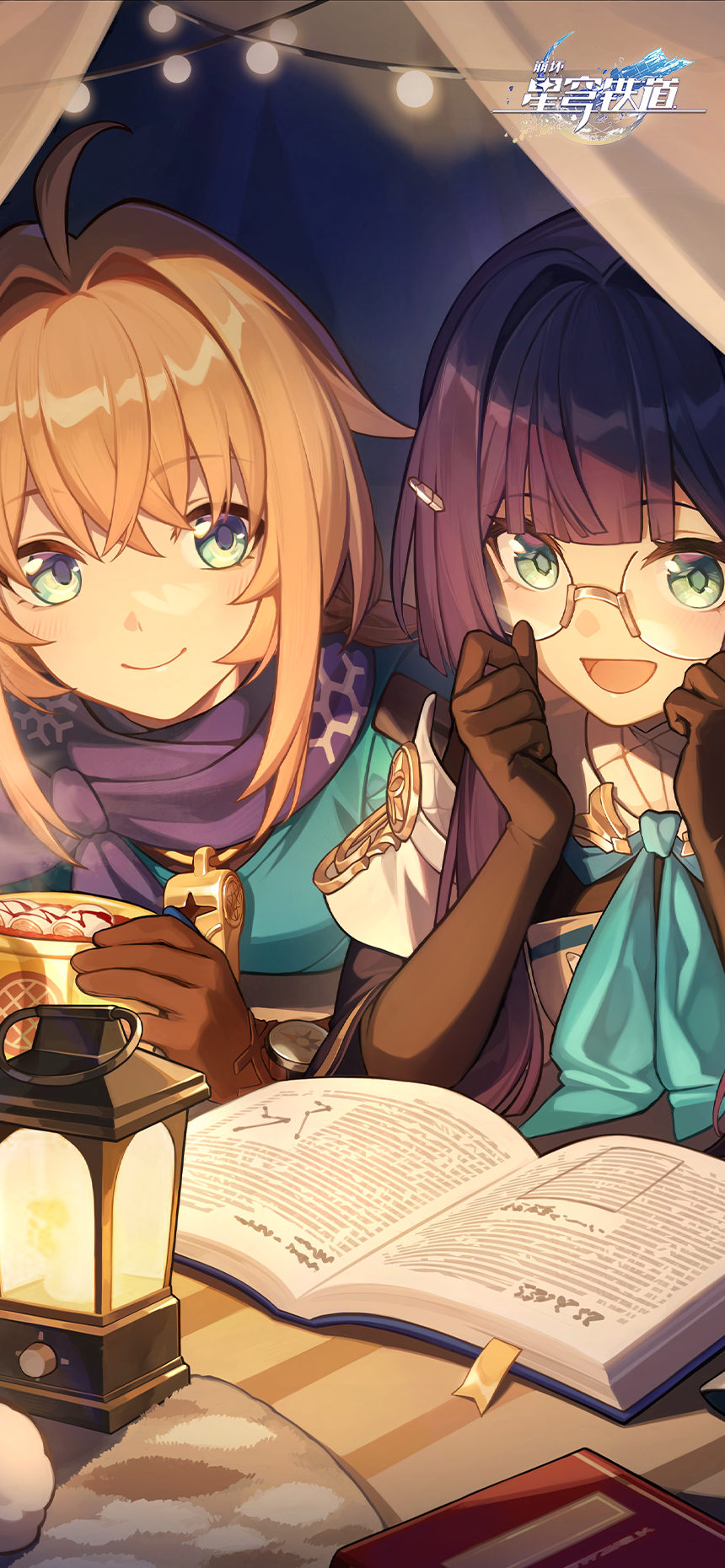 2girls, :d, ahoge, black_gloves, blush, book, bowl, brown_gloves
