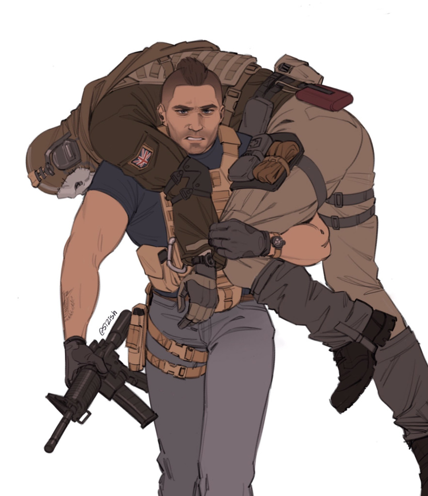 2boys, 5i2, arm_tattoo, belt, black_gloves, black_hair, black_pants, black_shirt, brown_belt, brown_jacket, brown_pants, bulletproof_vest, call_of_duty, call_of_duty:_modern_warfare_2, carrying, carrying_person, facial_hair, ghost_(modern_warfare_2), gloves, gun, highres, holding, holding_gun, holding_weapon, jacket, male_focus, mask, multiple_boys, muscular, muscular_male, pants, shirt, short_hair, sidecut, simple_background, skull_mask, soap_(modern_warfare_2), tattoo, twitter_username, watch, watch, weapon, white_background