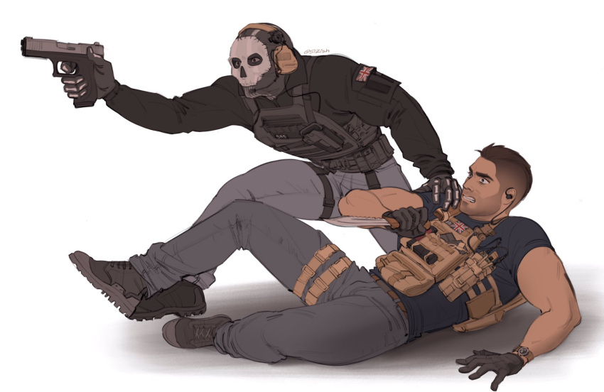 2boys, 5i2, aiming, belt, black_gloves, black_hair, black_jacket, black_pants, black_shirt, brown_belt, bulletproof_vest, call_of_duty, call_of_duty:_modern_warfare_2, facial_hair, ghost_(modern_warfare_2), gloves, gun, highres, holding, holding_gun, holding_knife, holding_weapon, jacket, knife, male_focus, mask, multiple_boys, muscular, muscular_male, pants, shirt, short_hair, sidecut, simple_background, skull_mask, soap_(modern_warfare_2), twitter_username, watch, watch, weapon, white_background