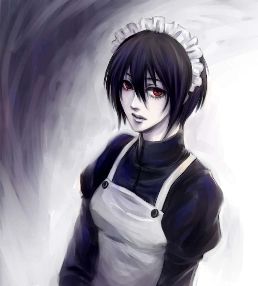 1girl, 35_(sansansanko), apron, black_hair, buttons, devil_summoner, looking_at_viewer, maid