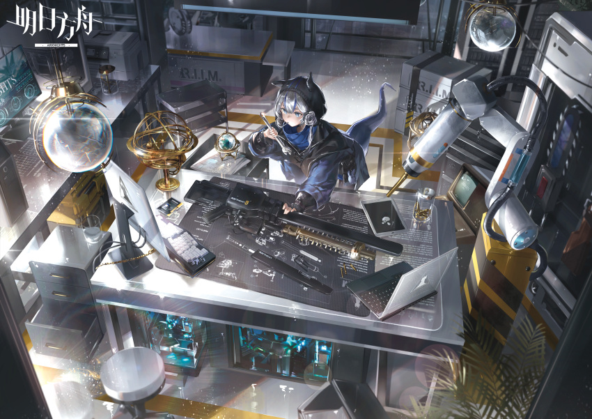 1girl, absurdres, adjustable_wrench, arknights, blue_eyes, blue_hair, blue_jacket, box