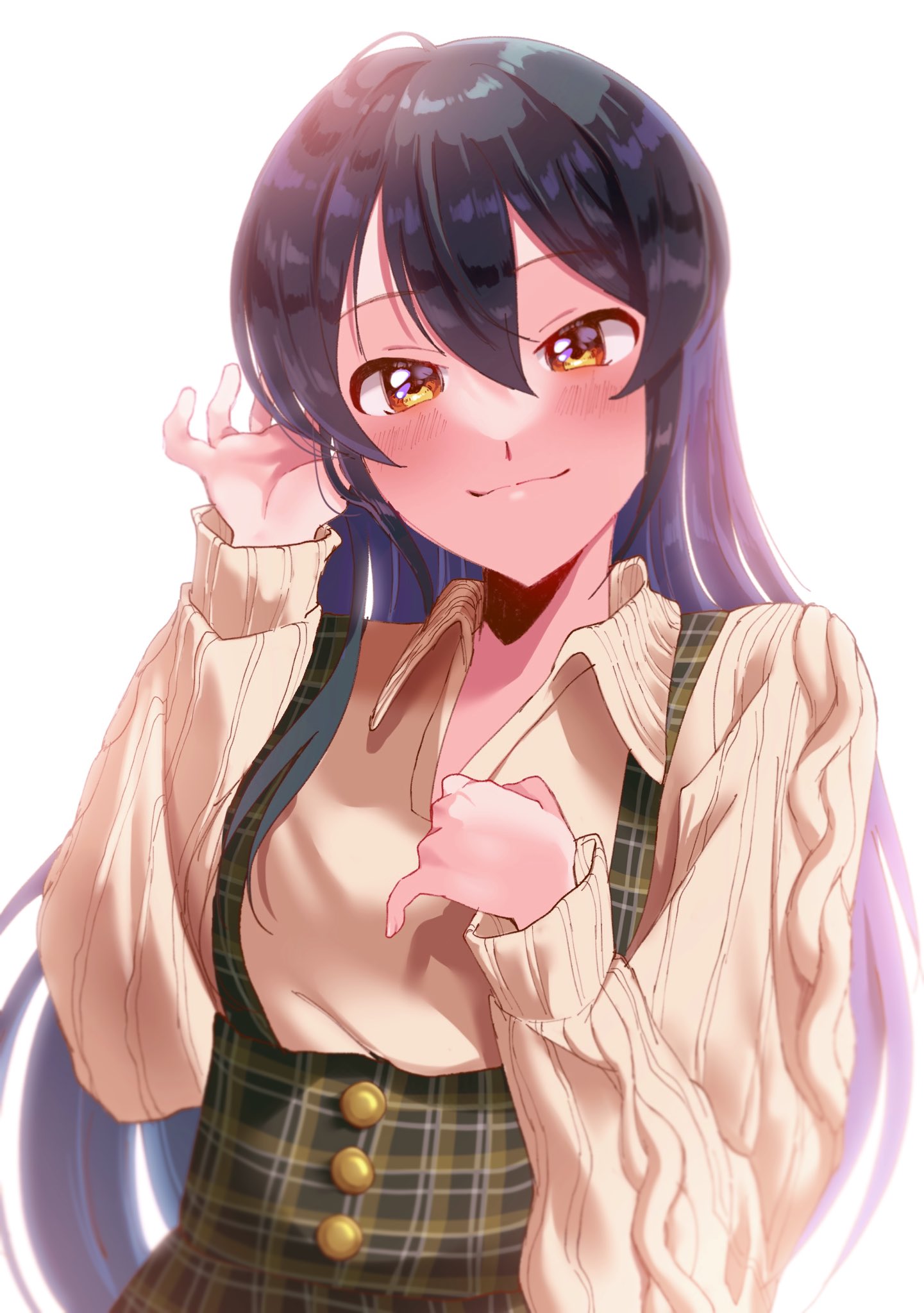 1girl, blush, collared_shirt, green_hair, hair_tucking, high-waist_skirt, highres, idolmaster