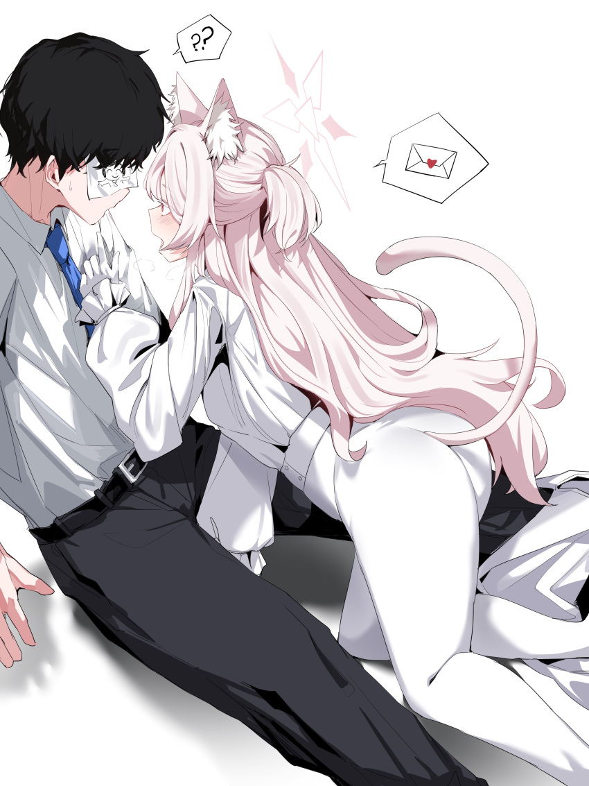 1boy, absurdres, akira_(blue_archive), animal_ear_fluff, animal_ears, arona's_sensei_doodle_(blue_archive), blue_archive, blue_necktie, cat_ears, cat_girl, cat_tail, formal, halo, hetero, highres, love_letter, necktie, phantom_thief, plentyofempty, sensei_(blue_archive), suit, tail, tail_raised, thief, white_suit
