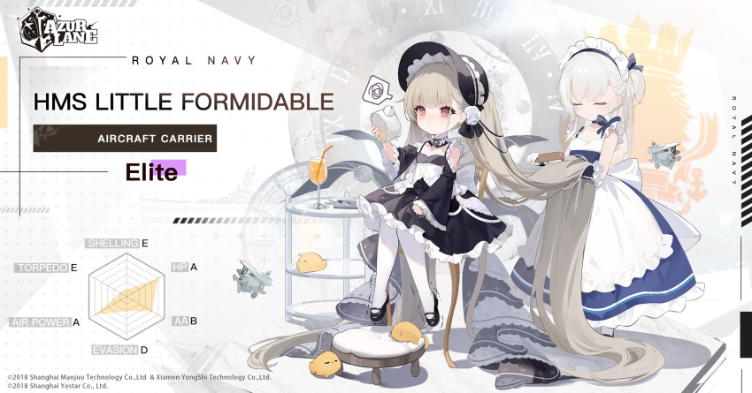 2girls, aircraft, artist_request, azur_lane, bonnet, brushing_hair, character_name, copyright_name, cup, dress, drinking_glass, drinking_straw, english_commentary, english_text, flight_deck, highres, holding_alarm_clock, little_bel_(azur_lane), little_formidable_(azur_lane), logo, long_hair, maid, manjuu_(azur_lane), multiple_girls, official_art, promotional_art, royal_navy_emblem_(azur_lane), turret, twintails, very_long_hair
