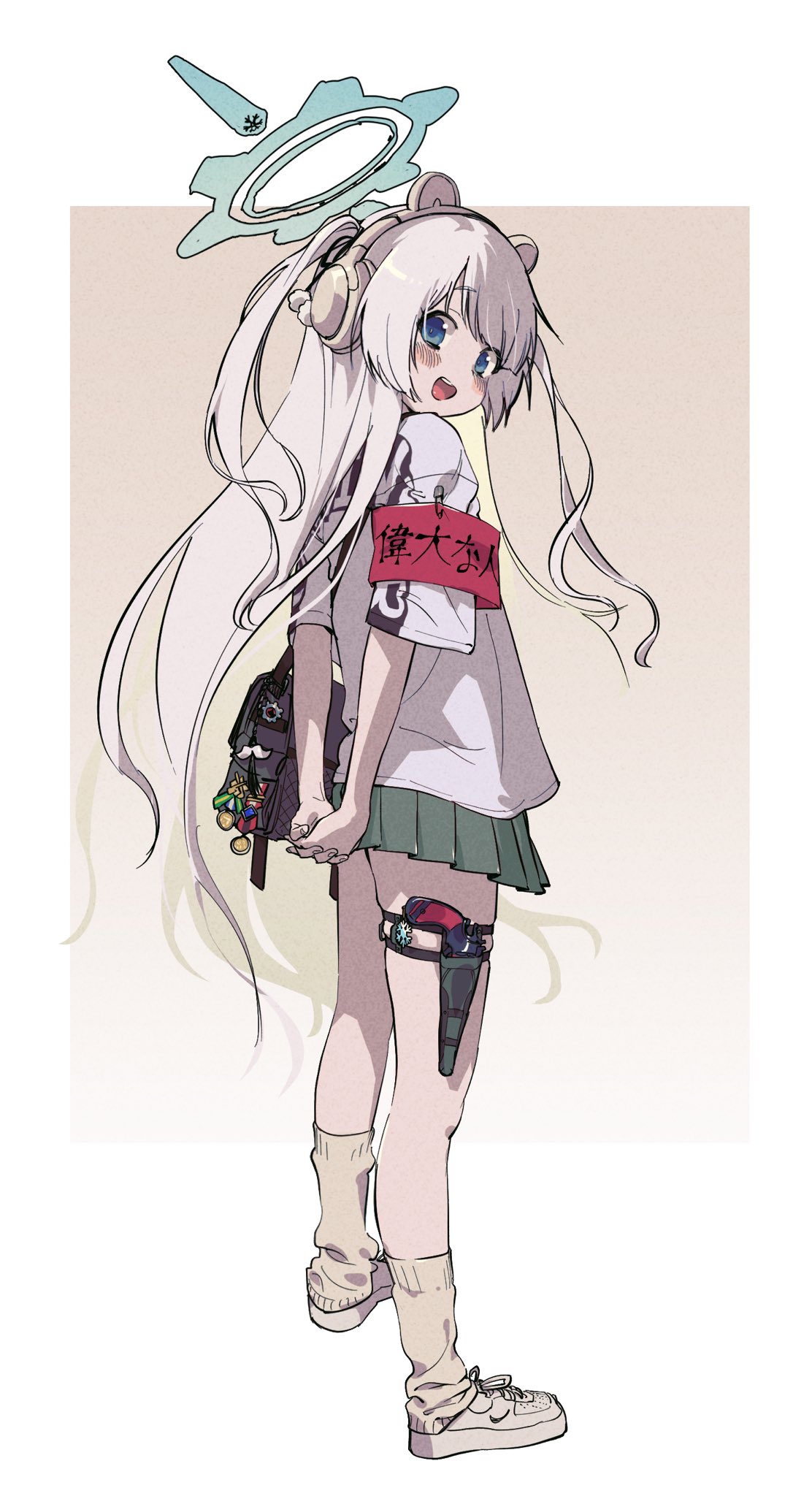 1girl, :d, alternate_costume, animal_ear_headphones, animal_ears, blue_archive, blue_eyes, blush, border, casual, cherino_(blue_archive), fake_animal_ears, from_behind, full_body, green_skirt, grey_bag, gun, halo, headphones, highres, holster, holstered, light_brown_background, long_hair, looking_at_viewer, msaeng_(00grimza), one_side_up, open_mouth, pleated_skirt, red_armband, revolver, shirt, short_sleeves, simple_background, skirt, smile, solo, thigh_holster, weapon, white_border, white_footwear, white_hair, white_shirt