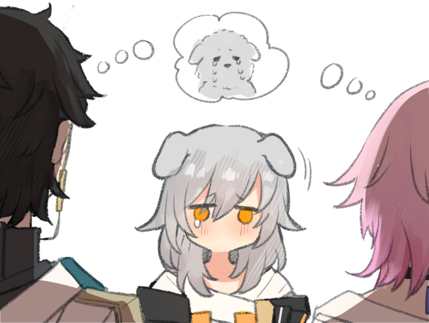 1boy, 2girls, animal_ears, black_hair, blush, danheng_(honkai:_star_rail), dog, dog_ears