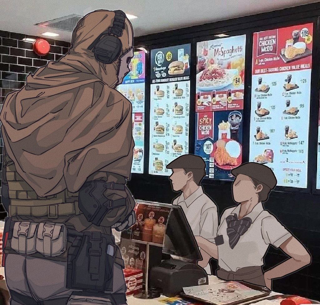 1girl, 2boys, beret, black_hair, black_jacket, black_pants, bulletproof_vest, call_of_duty, call_of_duty:_modern_warfare_2, collared_shirt, faceless, faceless_female, faceless_male, ghost_(modern_warfare_2), hat, holster, jacket, looking_at_another, mask, meme, meme_request, multiple_boys, pants, shirt, short_hair, skull_mask, white_shirt, yqqqqa