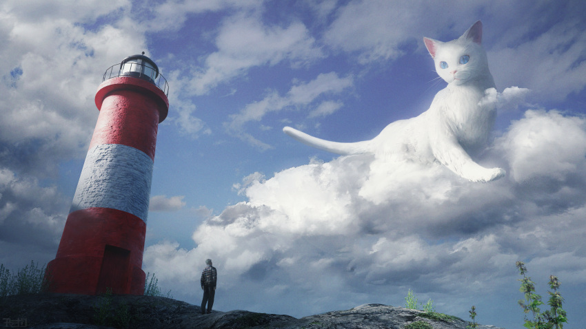 1boy, absurdres, amamidori, animal, blue_sky, building, cat, clouds