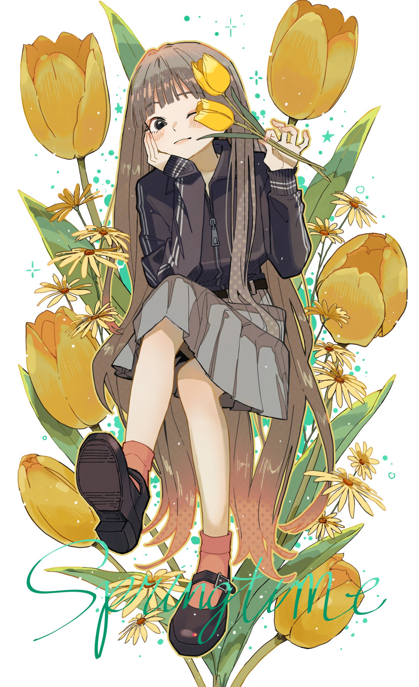 1girl, absurdres, black_eyes, black_jacket, blush, bouquet, brown_hair, brown_socks