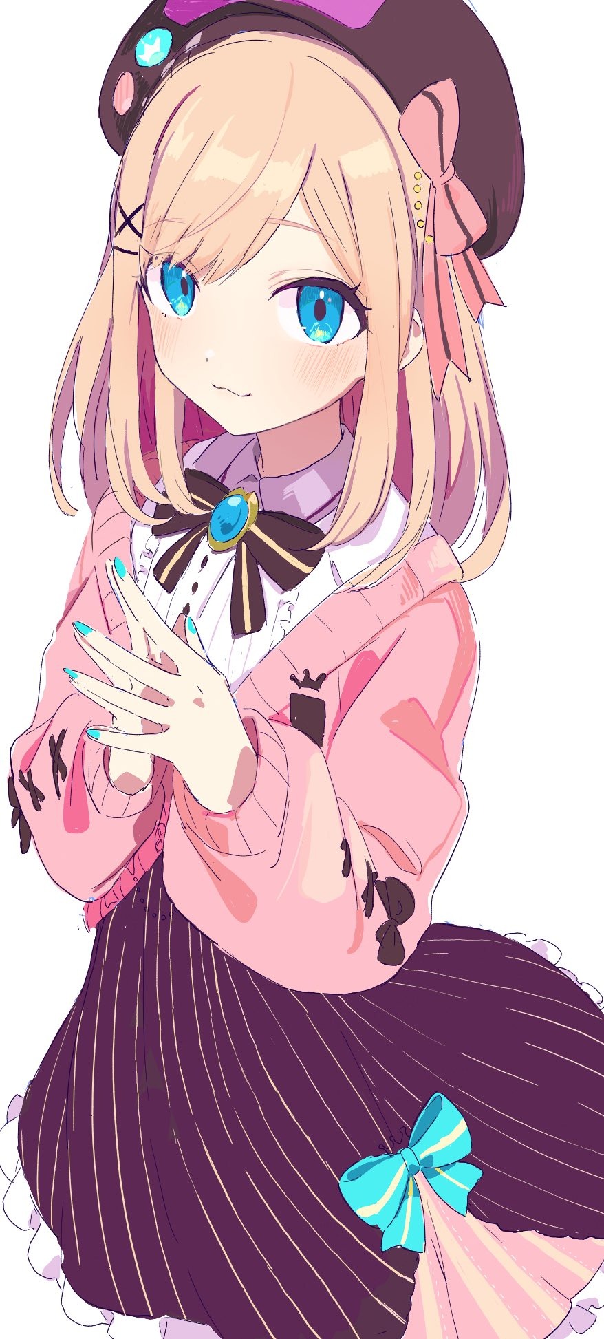 1girl, :3, blonde_hair, blue_bow, blue_eyes, blue_nails, blush, bow