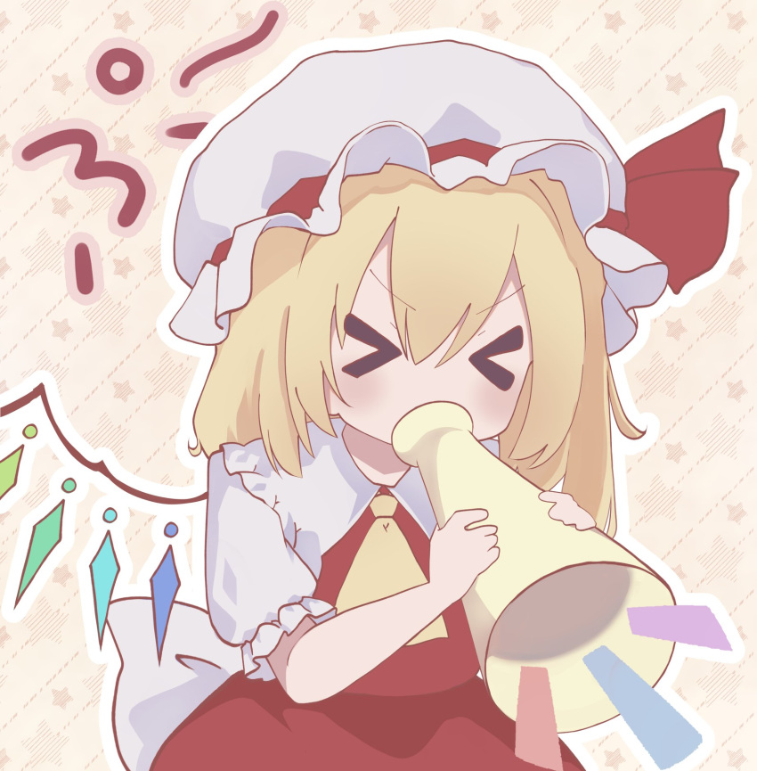>_<, 1girl, ascot, back_bow, blonde_hair, blowing, blush, bow