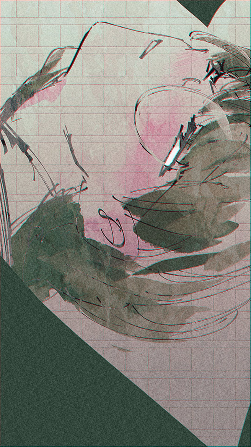 1girl, blush, border, clover_knight_(vocaloid), collared_shirt, commentary_request, double_exposure, from_side