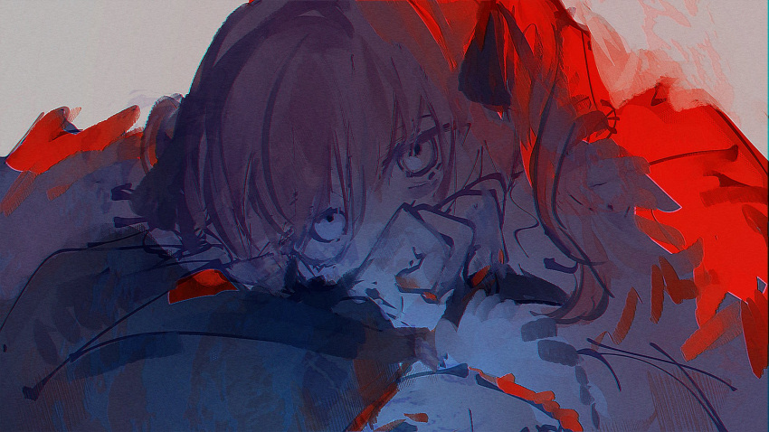 1girl, adipocere_(vocaloid), black_ribbon, commentary_request, covered_mouth, covering_mouth, expressionless, film_grain