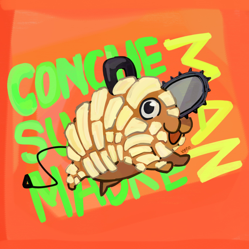 black_eyes, chainsaw, chainsaw_man, commentary, creature, food-themed_creature, full_body, highres