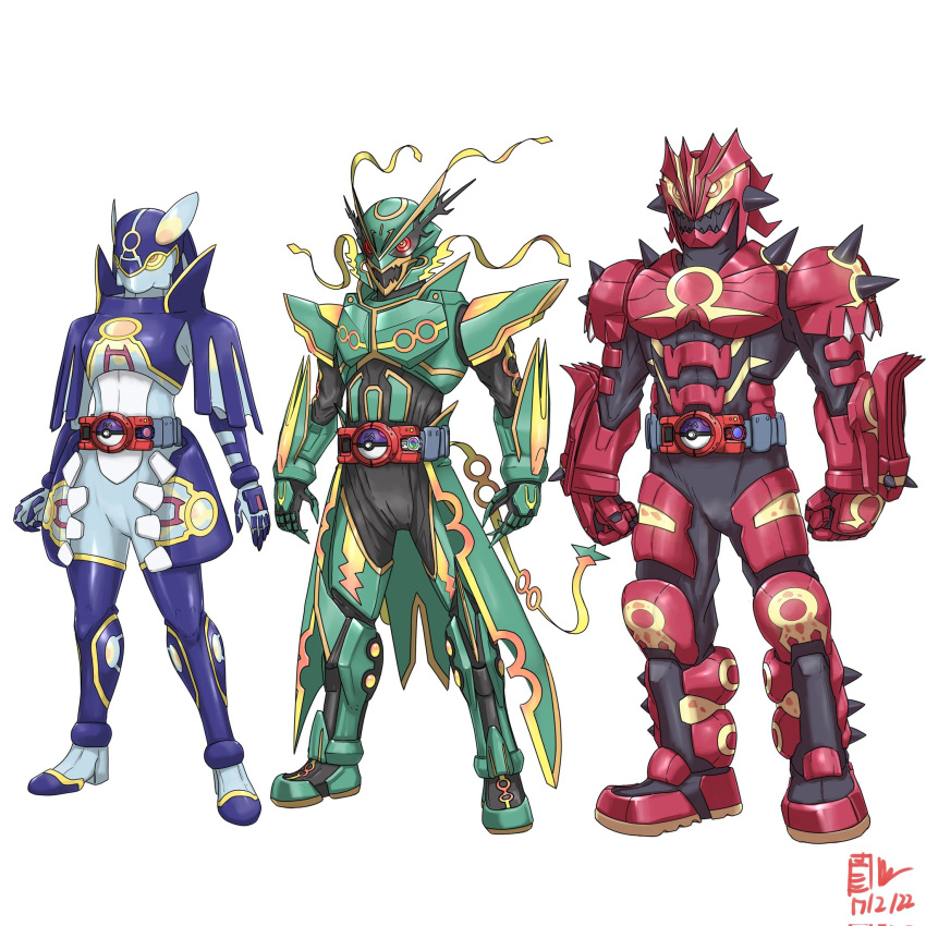 1girl, 2boys, armor, arms_at_sides, artist_name, belt, black_bodysuit, blue_bodysuit
