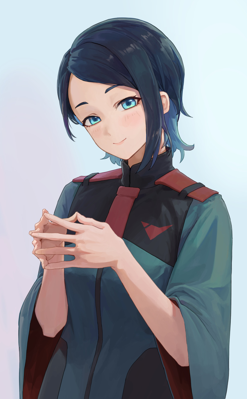 1girl, asticassia_school_uniform, blue_eyes, blue_hair, closed_mouth, dark_blue_hair, green_jacket, gundam