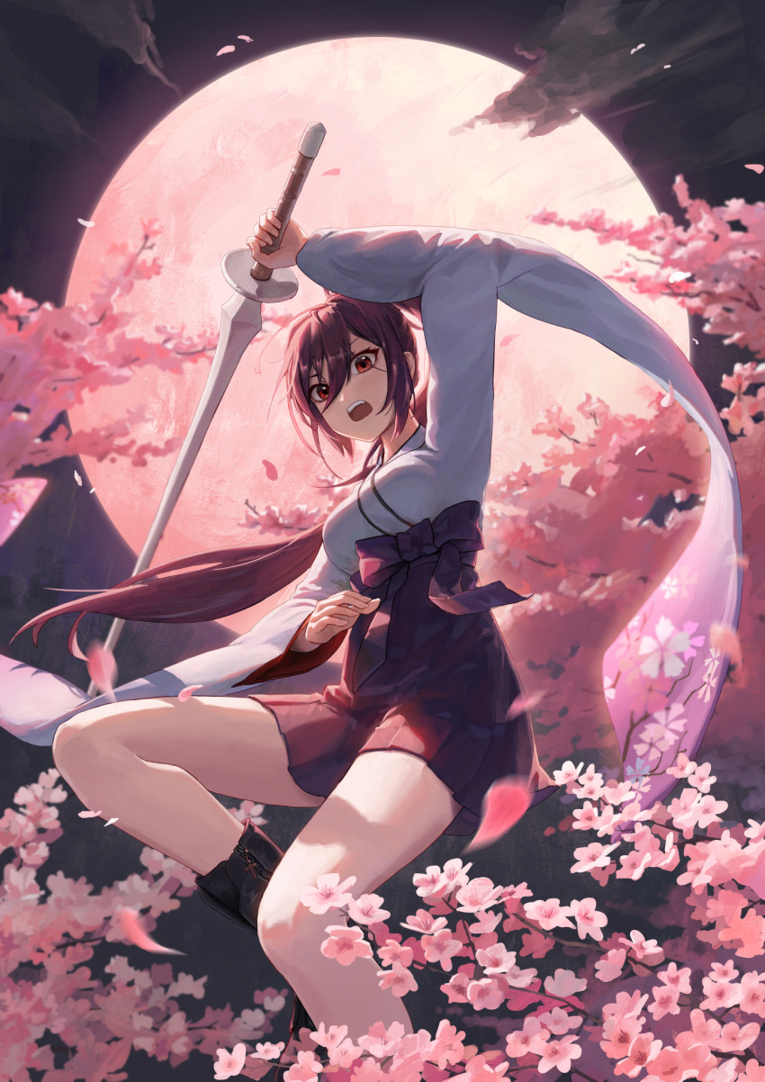 1girl, boots, bow, brown_eyes, brown_hair, cherry_blossoms, clouds, full_moon