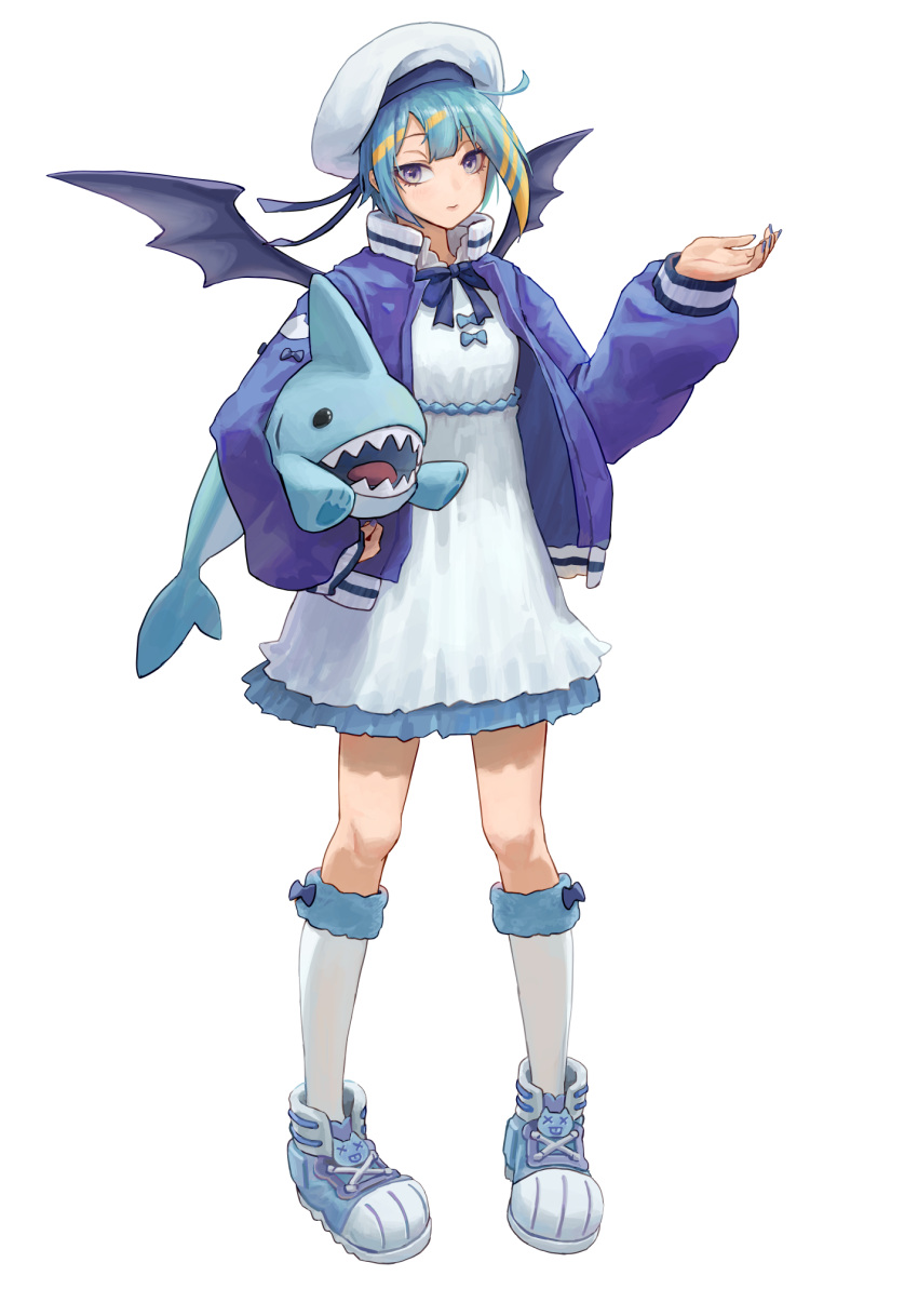 1girl, blonde_hair, blue_bow, blue_footwear, blue_hair, blue_jacket, bow, closed_mouth