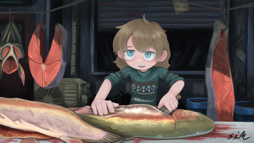 1girl, absurdres, aqua_eyes, aqua_sweater, blonde_hair, blood, butchering, commentary