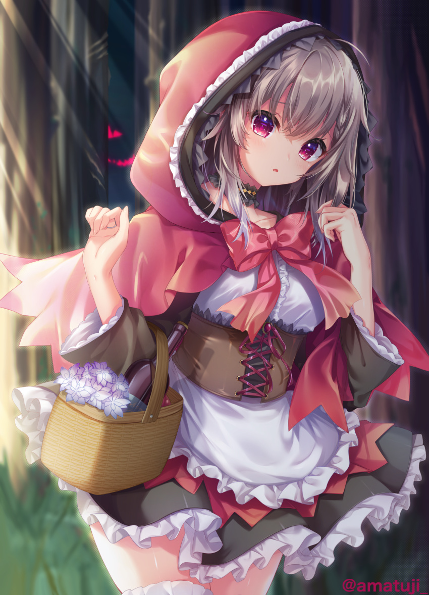 1girl, ahoge, amatsuji, apron, basket, black_choker, black_dress, black_hair